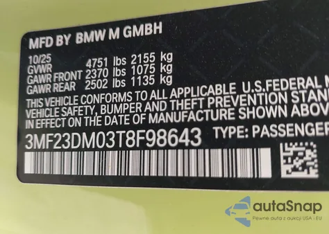 2026 BMW M2 z USA, uszkodzony, nr VIN 3MF23DM03T8F98643